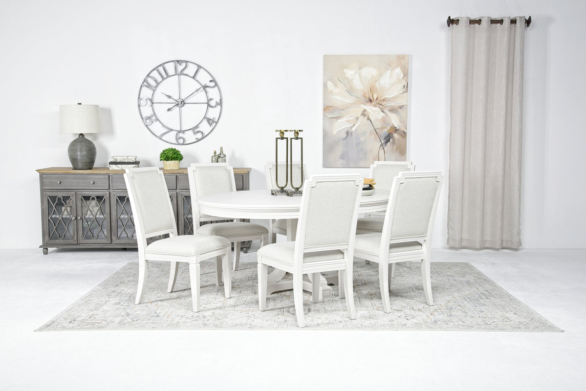 Willowbrook Round Dining Table & 6 Upholstered  Chairs in Egg Shell White